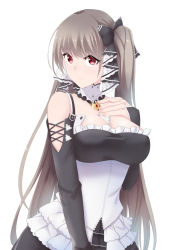 Rule 34 | 1girl, azur lane, black dress, bow, breast hold, breasts, closed mouth, dress, formidable (azur lane), hair bow, hair ribbon, long hair, looking at viewer, maid, medium breasts, motirimoti, platinum blonde hair, red eyes, ribbon, smile, solo, standing, white background