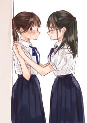 2girls blue_ribbon blue_skirt blush brown_eyes collared_shirt commentary_request glasses highres holding_hands ienekkkkko interlocked_fingers looking_at_another looking_at_viewer multiple_girls neck_ribbon original parted_lips pleated_skirt ribbon school_uniform shirt skirt sweatdrop white_background white_shirt yuri