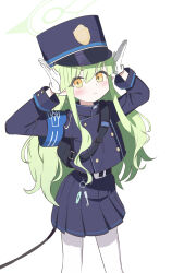 Rule 34 | 1girl, absurdres, armband, arms up, belt, black belt, black hat, black jacket, black skirt, blue archive, blue armband, blush, closed mouth, cowboy shot, gloves, green hair, green halo, hair between eyes, halo, hat, highres, hikari (blue archive), jacket, long hair, long sleeves, nanase (user rrgd5857), pantyhose, peaked cap, pleated skirt, pointy ears, simple background, skirt, solo, standing, tail, white background, white gloves, white pantyhose, yellow eyes