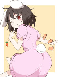 Rule 34 | 1girl, ;), animal ears, ass, barefoot, blush stickers, border, brown hair, carrot necklace, commentary request, dress, feet out of frame, finger to face, from behind, hair between eyes, highres, inaba tewi, index finger raised, looking at viewer, looking back, necklace, one eye closed, pink dress, puffy short sleeves, puffy sleeves, rabbit ears, red eyes, short hair, short sleeves, simple background, smile, solo, techi (techi35499), touhou, white border, yellow background