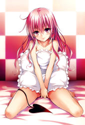 Rule 34 | 10s, 1girl, absurdres, barefoot, censored, convenient censoring, covering privates, covering crotch, demon tail, feet, frilled pillow, frills, highres, lips, long hair, nana asta deviluke, nude, nude cover, pillow, pink eyes, pink hair, scan, sitting, solo, tail, to love-ru, to love-ru darkness, toes, wariza, yabuki kentarou