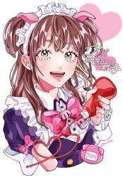 Rule 34 | 1girl, akiba maid sensou, animal ears, apron, blush, bow, brown eyes, brown hair, copyright name, fake animal ears, frills, heart, highres, holding, ketchup bottle, long hair, looking at viewer, maid, maid headdress, open mouth, pig ears, pink bow, ponko517, short sleeves, signature, smile, solo, two side up, upper body, wahira nagomi, wrist cuffs