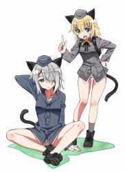 Rule 34 | 2girls, animal ears, backpack, bag, bare legs, black footwear, blonde hair, blue eyes, boots, brush, cat ears, cat tail, commentary request, elfriede schreiber, full body, garrison cap, green eyes, grey hair, hair over one eye, hat, helma lennartz, highres, kogarashi51, long hair, long sleeves, military, military uniform, multiple girls, neck ribbon, no pants, open mouth, panties, ribbon, sitting, standing, tail, underwear, uniform, white background, white panties, world witches series