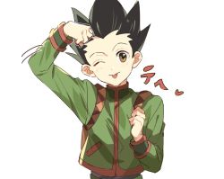 Rule 34 | 1boy, backpack, bag, black hair, brown eyes, dojikko pose, gon freecss, hunter x hunter, male focus, motion lines, one eye closed, saba miso, simple background, solo, spiked hair, tongue, tongue out, upper body, white background