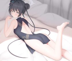 Rule 34 | 1girl, absurdres, ass, barefoot, bed sheet, black dress, black hair, blue archive, blush, breasts, butterfly hair ornament, china dress, chinese clothes, doraski, double bun, dragon print, dress, grey eyes, grey halo, hair bun, hair ornament, halo, highres, indoors, kisaki (blue archive), long hair, looking at viewer, lying, on stomach, parted lips, pillow, signature, sleeveless, sleeveless dress, small breasts, solo, the pose, thighs, toes, twintails
