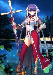 Rule 34 | 1girl, armor, blue eyes, blunt bangs, breasts, chainmail, cleavage, fate/grand order, fate (series), full body, greaves, hand on own hip, lace, lace-trimmed legwear, lace trim, lake, legs apart, leotard, long hair, martha (fate), official art, outdoors, parted bangs, purple hair, red thighhighs, reflection, sakamoto mineji, showgirl skirt, sky, solo, staff, standing, star (sky), starry sky, thighhighs, v-shaped eyebrows, very long hair