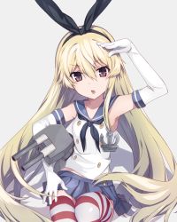 Rule 34 | 10s, 1girl, :o, anchor, anchor hair ornament, arm up, asaoka (0x0), blonde hair, cannon, crop top, elbow gloves, gloves, grey eyes, hair ornament, hairband, kantai collection, long hair, looking at viewer, microskirt, miniskirt, rensouhou-chan, sailor collar, salute, school uniform, serafuku, shimakaze (kancolle), sitting, skirt, striped clothes, striped thighhighs, thighhighs, turret, white gloves