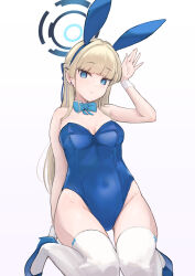 Rule 34 | 1girl, absurdres, animal ears, bare shoulders, blonde hair, blue archive, blue eyes, blue footwear, blue halo, blue leotard, breasts, cleavage, fake animal ears, halo, highres, leotard, long hair, looking at viewer, medium breasts, official alternate costume, rabbit ears, ryh4, shoes, solo, thighhighs, toki (blue archive), toki (bunny) (blue archive), white thighhighs