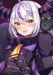 Rule 34 | 1girl, :d, ahoge, bird, black jacket, blush, braid, collar, commentary, crow (la+ darknesss), eyes visible through hair, fang, fangs, hair between eyes, highres, hololive, holox, horns, jacket, la+ darknesss, la+ darknesss (1st costume), long sleeves, metal collar, multicolored hair, open mouth, purple hair, silver hair, sleeves past fingers, sleeves past wrists, smile, solo, streaked hair, striped horns, symbol-only commentary, upper body, virtual youtuber, yellow eyes, yellow neckwear, yuano