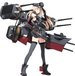 Rule 34 | 10s, 1girl, ankle boots, bare shoulders, bismarck (kancolle), bismarck drei (kancolle), blonde hair, blue eyes, boots, breasts, brown gloves, detached sleeves, full body, gloves, grey thighhighs, hand on headwear, hat, holding, kantai collection, long hair, long sleeves, machinery, military, military uniform, official art, peaked cap, shimada fumikane, sideboob, smile, solo, standing, thighhighs, transparent background, turret, uniform