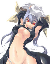 Rule 34 | 1girl, arc system works, armpits, arms up, blue hair, breasts, buckle, choker, clothes lift, dizzy (guilty gear), guilty gear, highres, hino akira, large breasts, long hair, open clothes, open shirt, red eyes, shirt, shirt lift, simple background, smile, solo, twintails, underboob, undressing, white background