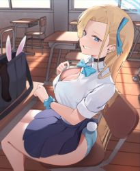 Rule 34 | 1girl, absurdres, ass, asuna (blue archive), asuna (bunny) (blue archive), bag, black choker, blonde hair, blue archive, blue eyes, blue leotard, blue ribbon, blush, breasts, chair, choker, classroom, cleavage, clothes lift, earrings, fake tail, feet out of frame, from side, grin, hair ribbon, highres, indoors, jewelry, large breasts, leotard, leotard under clothes, long hair, looking at viewer, mole, mole on breast, partially unbuttoned, pleated skirt, rabbit tail, raised eyebrows, ribbon, school bag, school uniform, scrunchie, shirt, sidelocks, sitting, skirt, skirt lift, sleeves rolled up, smile, solo, stud earrings, tail, thighs, very long hair, white shirt, wrist scrunchie, yzr (yzr99)
