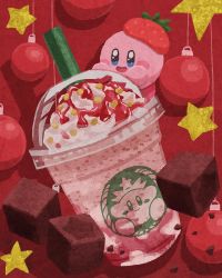 Rule 34 | black eyes, blue eyes, colored skin, crossover, cup, disposable cup, drink, drinking straw, food, frappuccino, fruit, highres, kirby, kirby&#039;s dream land, kirby (series), miclot, nintendo, no humans, open mouth, pink skin, sparkling eyes, star (symbol), starbucks, strawberry