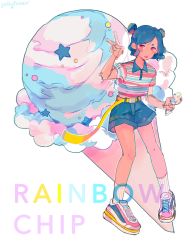 Rule 34 | 1girl, belt, blue hair, blue shorts, collared shirt, english text, food, full body, ice cream, ice cream cone, multicolored footwear, original, pink eyes, routexx, shirt, shoes, short sleeves, shorts, single scoop, socks, solo, standing, star (symbol), striped clothes, striped shirt, tongue, tongue out, v, white socks