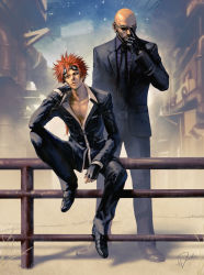 Rule 34 | 2boys, adjusting eyewear, arm between breasts, bald, belt, between breasts, black footwear, black gloves, black jacket, black pants, black shirt, black suit, breasts, city, collarbone, dress shoes, facial hair, facial mark, final fantasy, final fantasy vii, final fantasy vii remake, fingerless gloves, formal, full body, gloves, goatee, goggles, goggles on head, grass, green eyes, hand on own face, highres, industrial pipe, jacket, long hair, looking at viewer, low ponytail, male focus, midgar, multiple boys, necktie, open collar, pants, red hair, reno (ff7), rude (ff7), shirt, signature, sitting, sitting on fence, spiked hair, square enix, standing, suit, sunglasses, tdsuke, white shirt