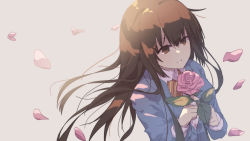Rule 34 | 1girl, blue jacket, bow, brown background, brown bow, brown eyes, brown hair, closed mouth, collared shirt, commentary request, diagonal stripes, flower, hair between eyes, highres, holding, holding flower, houzuki satowa, jacket, kono oto tomare!, long hair, long sleeves, looking away, mo (pixiv9929995), petals, pink flower, pink rose, rose, shirt, simple background, smile, solo, striped, striped bow, upper body, very long hair, white shirt