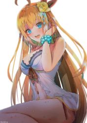 Rule 34 | 1girl, :d, ahoge, bad id, bad twitter id, bare arms, bare shoulders, bead bracelet, beads, bikini, blonde hair, blue eyes, blurry, bracelet, breasts, center opening, cleavage, cleavage cutout, clothing cutout, depth of field, flower, hair flower, hair ornament, hanato (seonoaiko), hand up, highres, jewelry, large breasts, long hair, looking at viewer, navel, open mouth, pecorine (princess connect!), pecorine (summer) (princess connect!), princess connect!, rose, side-tie bikini bottom, simple background, smile, solo, stomach, swimsuit, thighs, twitter username, very long hair, white background, white bikini, yellow flower