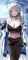 Rule 34 | 1girl, bare shoulders, black bra, black panties, blue archive, blush, bra, breasts, brown pantyhose, cleavage, collarbone, hair ornament, halo, highres, jacket, large breasts, long hair, long sleeves, looking at viewer, navel, noa (blue archive), off shoulder, open clothes, open jacket, open mouth, panties, panties under pantyhose, pantyhose, purple eyes, sidelocks, smile, solo, thighband pantyhose, thighs, underwear, usa b, very long hair, white hair, white jacket
