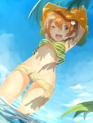 Rule 34 | &gt; &lt;, 10s, 1girl, :3, ;d, arms up, blush, breasts, cameltoe, cat hair ornament, crop top, crop top overhang, dappled sunlight, closed eyes, from below, hair ornament, highres, hoshizora rin, kame^^, love live!, love live! school idol festival, love live! school idol project, medium breasts, midriff, navel, one eye closed, open mouth, panties, short hair, short shorts, shorts, smile, solo, sunlight, tank top, underboob, underwear, upshirt, wading, water, wink, yellow eyes