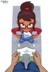 Rule 34 | 1boy, 1girl, absurdres, blue overalls, blue pants, brown eyes, brown hair, dark-skinned female, dark skin, denim, english text, eyelashes, freckles, glasses, green footwear, hailey&#039;s on it!, hailey banks, hands on own hips, highres, holding, holding paper, light blush, looking at viewer, looking up, overalls, pants, paper, ponytail, pov, red shirt, scavenger hunt, shirt, shoes, sidelocks, sneakers, sweat, tooth gap, triplevexx, two-tone shirt, unfastened, watermark, web address, white footwear, white shirt