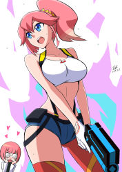 Rule 34 | 2girls, aina ardebit, asymmetrical legwear, bare shoulders, blood, blue eyes, blunt bangs, chinese commentary, commentary request, dated, f luo, glasses, gloves, gluteal fold, gun, hands on own cheeks, hands on own face, heris ardebit, highres, lab coat, long sleeves, micro shorts, midriff, multiple girls, nosebleed, open mouth, pink hair, promare, short hair, shorts, siblings, side ponytail, sisters, suspenders, sweat, uneven legwear, weapon, white gloves