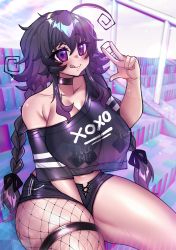 Rule 34 | 1girl, absurdres, ahoge, asymmetrical legwear, bleachers, blush, bra visible through clothes, braid, breasts, clothes writing, commentary, english text, fishnet legwear, fishnets, goth fashion, highres, large breasts, long hair, mismatched legwear, nyarla (osiimi), original, osiimi, pasties, purple eyes, purple hair, revealing clothes, see-through, single leg pantyhose, sitting, smile, symbol-only commentary, tape, tape on nipples, thick thighs, thighs, tongue, twin braids