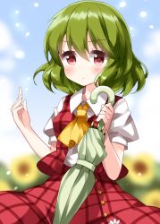 Rule 34 | 1girl, ascot, blue sky, blurry, blurry background, blush, buttons, commentary request, dress, flower, green hair, green umbrella, hand up, highres, holding, holding umbrella, kazami yuuka, looking at viewer, outdoors, petals, plaid, plaid dress, pout, red dress, red eyes, ruu (tksymkw), shirt, short hair, short sleeves, sky, solo, sunflower, touhou, umbrella, undershirt, upper body, wavy hair, white shirt, yellow ascot