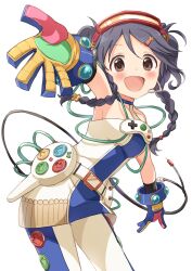 Rule 34 | 1girl, absurdres, armpits, bare shoulders, black hair, blush, braid, brown eyes, buchi (y0u0ri ), controller, dot nose, game controller, gloves, hair ornament, highres, idolmaster, idolmaster cinderella girls, idolmaster cinderella girls starlight stage, long hair, looking at viewer, microphone, miyoshi sana, multicolored clothes, multicolored gloves, open mouth, pants, reaching, reaching towards viewer, smile, solo, standing, twin braids