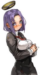Rule 34 | 10s, 1girl, blue eyes, blush, dress, hair intakes, halo, interlocked fingers, kantai collection, long sleeves, mechanical halo, own hands clasped, own hands together, purple hair, sachito, short hair, solo, sweatdrop, tatsuta (kancolle)