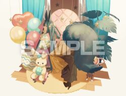 Rule 34 | 1boy, androgynous, animal ears, back bow, balloon, basket, boots, bow, braid, brown footwear, butterfly hair ornament, chair, checkered clothes, checkered shirt, closed mouth, curtains, cushion, dairoku ryouhei, easter, easter egg, egg, eyewear strap, fox boy, fox ears, fox tail, frilled sleeves, frills, full body, glasses, green eyes, green hair, hair between eyes, hair ornament, hakama, hakama pants, hatsuyume sakuravale, head rest, heart balloon, high heel boots, high heels, japanese clothes, leaning forward, light particles, long hair, looking at viewer, looking back, male focus, official art, pants, pink bow, pink vest, plant, round eyewear, sample watermark, shirt, side braids, sidelocks, sideways glance, smile, solo, standing, star (symbol), stuffed animal, stuffed rabbit, stuffed toy, tail, umai oimo, very long hair, vest, watermark, white background, white shirt, yellow hakama