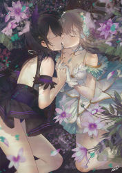 Rule 34 | 2girls, armlet, bare back, bare shoulders, black dress, black hair, blurry, braid, braided bun, breasts, brown hair, cleavage, closed eyes, collarbone, depth of field, dress, facing another, fingernails, flower, from side, gloves, hair bun, highres, holding hands, jewelry, kippu, kiss, long hair, lying, medium breasts, multiple girls, necklace, on side, original, panties, pantyshot, petals, pleated dress, profile, signature, sleeveless, underwear, white gloves