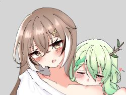 Rule 34 | 2girls, antlers, bare shoulders, biting shoulder, black hair, blush, branch, brown eyes, brown hair, ceres fauna, closed eyes, clothes pull, collarbone, crossed bangs, green eyes, green hair, grey background, hair between eyes, hair ornament, hairclip, hairpin, heart, hickey, highres, hololive, hololive english, horns, maimerudii, multicolored hair, multiple girls, nanashi mumei, no bra, open mouth, shirt, shirt pull, simple background, streaked hair, sweatdrop, tree horns, virtual youtuber, white hair, white shirt, yuri