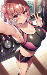 Rule 34 | 1girl, armpits, ass, bare shoulders, black footwear, blush, breasts, bursting breasts, cleavage, closed mouth, dumbbell, from above, hair bun, highres, huge breasts, indoors, large breasts, looking at viewer, navel, outstretched arm, pink eyes, pink hair, punching bag, selfie, short hair, short shorts, shorts, side bun, single hair bun, single side bun, smile, solo, sports bra, standing, sweat, tile floor, tiles, v, window, xe (execut3r), yahari ore no seishun lovecome wa machigatteiru., yuigahama yui, zipper, zipper pull tab