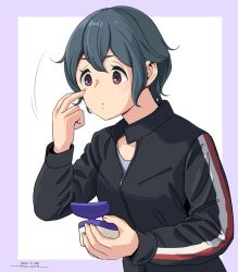 Rule 34 | 1girl, applying lotion, applying makeup, biker clothes, black jacket, blue hair, check commentary, collared jacket, commentary request, horikou, jacket, messy hair, purple eyes, shima saki, signature, unzipped, aged down, yurucamp