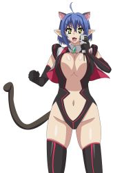 Rule 34 | 10s, 1girl, ahoge, animal ears, artist request, black leotard, black thighhighs, blue hair, breasts, cat demon girl (shinmai maou no testament burst), cat ears, cat girl, cat tail, cleavage, covered erect nipples, cowboy shot, curvy, elbow gloves, gem, gloves, green gemstone, hair between eyes, hair intakes, highleg, highleg leotard, highres, horns, large breasts, legs apart, leotard, navel, pointy ears, revealing clothes, shinmai maou no testament, shiny skin, skindentation, smile, solo, standing, tail, thighhighs, thighs, transparent background, underwear, v-shaped eyebrows, wide hips, yellow eyes