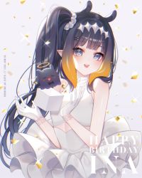 Rule 34 | 1girl, 2nii, alternate costume, black hair, blush, commentary, dated, dress, english commentary, gloves, hair behind ear, halo, happy birthday, highres, hololive, hololive english, mole, mole under eye, ninomae ina&#039;nis, open hands, open mouth, pointy ears, side ponytail, smile, solo, takodachi (ninomae ina&#039;nis), tentacle hair, virtual youtuber, white dress, white gloves