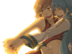 Rule 34 | bad id, bad pixiv id, blue hair, brown eyes, brown hair, closed eyes, foreshortening, gsn, holding hands, kaito (vocaloid), meiko (vocaloid), midriff, nail polish, scarf, short hair, simple background, smile, vocaloid