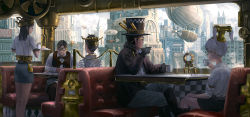 Rule 34 | 2boys, 3girls, aircraft, airship, black hair, black hat, booth seating, brown hair, cafe, clock, clock tower, closed mouth, goggles, hat, indoors, looking at viewer, multiple boys, multiple girls, noba, original, propeller, scenery, short hair, sitting, steampunk, table, top hat, tower