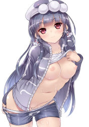 Rule 34 | 1girl, bike shorts, blue hair, blush, breasts, clothes lift, collarbone, dokurohime, hat, imoto katsuyuki, large breasts, lifting own clothes, long hair, looking at viewer, navel, nipples, open clothes, open shirt, original, panties, panty pull, pink eyes, pussy, pussy juice, shiny skin, shirt, shirt lift, simple background, smile, solo, sweat, uncensored, underwear, white background