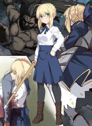 Rule 34 | 1girl, 2boys, ahoge, armor, armored boots, armored dress, artoria pendragon (all), artoria pendragon (fate), black hair, black skin, blonde hair, blood, blood on clothes, blue ribbon, blue skirt, blush, boots, braid, breasts, brown footwear, casual, colored skin, commentary request, cross-laced footwear, dark skin, emiya shirou, fate/stay night, fate (series), french braid, green eyes, hair ribbon, hands on another&#039;s back, heracles (fate), holding, holding sword, holding weapon, hug, knight, long hair, looking at viewer, multiple boys, orange hair, pantyhose, ribbon, saber (fate), shinai, shirt, shiseki hirame, short hair, skirt, small breasts, smile, sword, weapon, white shirt, wooden sword