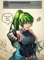 Rule 34 | 1boy, 1girl, abs, absurdres, balloon, black gloves, commentary, earrings, english commentary, english text, fingerless gloves, fire emblem, fire emblem: the blazing blade, floating, gloves, green eyes, hair behind ear, hand on own hip, highres, jewelry, looking at viewer, lyn (fire emblem), mark (fire emblem: the blazing blade), nintendo, one eye closed, open mouth, ponytail, saiykik, smile, solo focus, thumbs up