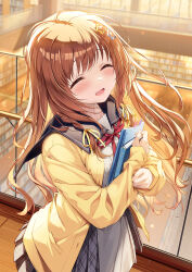 Rule 34 | 1girl, ^ ^, black sailor collar, blush, book, hugging book, bookshelf, brown hair, closed eyes, commentary request, facing ahead, grey skirt, hair ornament, highres, holding, holding book, hugging object, indoors, jacket, kimishima ao, library, long hair, long sleeves, neck ribbon, open clothes, open jacket, open mouth, original, plaid, plaid skirt, pleated skirt, red ribbon, ribbon, sailor collar, skirt, smile, solo, star (symbol), star hair ornament, yellow jacket