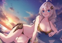 Rule 34 | 1girl, :d, ahoge, arm support, bare legs, barefoot, bikini, black bow, blue eyes, blush, bow, braid, breasts, cleavage, cloud, commentary request, dutch angle, evening, frilled bikini, frills, gradient sky, hair ornament, halterneck, hetaren (ramark), highres, horizon, inflatable shark, inflatable toy, kizuna akari, large breasts, long hair, looking at viewer, navel, ocean, open mouth, outdoors, side-tie bikini bottom, signature, silver hair, sky, smile, solo, stomach, string bikini, striped bikini, striped clothes, sunset, swimsuit, twin braids, two-tone bikini, very long hair, vocaloid, voiceroid, water