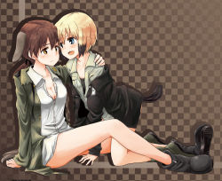 Rule 34 | 2girls, all fours, animal ears, aqua eyes, arm support, bare legs, blonde hair, blush, breasts, brown eyes, brown hair, checkered background, cleavage, erica hartmann, eye contact, gertrud barkhorn, hand on shoulder, itsuki kuro, looking at another, medium breasts, military, military uniform, multiple girls, no pants, off shoulder, ponytail, short hair, sitting, smile, strike witches, tail, uniform, world witches series, yuri