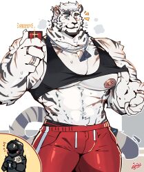 Rule 34 | 1boy, 1other, abs, animal ears, arknights, artist name, bara, black shirt, blue eyes, blush, commentary, cross scar, diffraction spikes, doctor (arknights), english commentary, facial scar, flying sweatdrops, furry, furry male, graysheartart, highres, holding, holding phone, jewelry, male focus, mountain (arknights), multiple rings, multiple scars, muscular, muscular male, navel, necklace, nipple piercing, nipples, one eye closed, pectorals, phone, piercing, red shorts, rhodes island logo (arknights), ring, scar, scar across eye, scar on arm, scar on cheek, scar on chest, scar on face, scar on hand, scar on stomach, shirt, shorts, sleeveless, sleeveless shirt, smile, sound effects, sweat, tail, taking picture, tiger boy, tiger ears, tiger stripes, tiger tail, very sweaty, white background