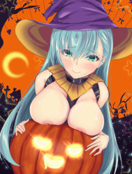 Rule 34 | 1girl, aqua hair, between breasts, blush, breast rest, breasts, choker, closed mouth, green eyes, hair between eyes, hair ornament, hairclip, hat, highres, jack-o&#039;-lantern, kantai collection, large breasts, long hair, looking at viewer, nipples, purple hat, revealing clothes, sidelocks, smile, solo, spekkio36, suzuya (kancolle), topless, witch hat