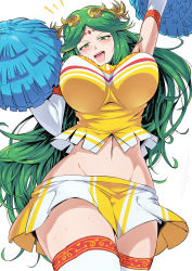 Rule 34 | 1girl, arms up, bouncing breasts, breasts, cheerleader, from below, green eyes, green hair, highres, kid icarus, kid icarus uprising, large breasts, long hair, nintendo, palutena, parted bangs, pom pom (cheerleading), shimure (460), skirt, smile, solo, thighhighs, very long hair