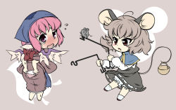 Rule 34 | 2girls, animal ears, basket, bloomers, blush, capelet, chibi, embarrassed, female focus, grey hair, head scarf, holding, holding with tail, japanese clothes, looking at viewer, looking back, mepikari, mouse (animal), mouse ears, mouse tail, multiple girls, mystia lorelei, nazrin, okamisty, panties, patch, pink hair, prehensile tail, purple eyes, red eyes, simple background, squinting, tail, tears, torn clothes, touhou, underwear, white panties, wings