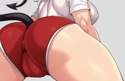 Rule 34 | 1girl, ass, ass focus, back, black tail, bloomers, breasts, cameltoe, covered anus, demon girl, demon tail, facing away, helltaker, highres, jmg, large breasts, modeus (helltaker), red bloomers, paid reward available, sideboob, simple background, tail, thick thighs, thighs, underwear, white hair
