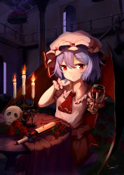 Rule 34 | 1girl, alcohol, ascot, back bow, bat wings, bottle, bow, candle, candlelight, candlestand, closed mouth, collared shirt, cup, cupping glass, drinking glass, fire, flower, frilled shirt collar, frills, hat, hat ribbon, highres, looking at viewer, mob cap, nail polish, night, pink hat, pink shirt, puffy short sleeves, puffy sleeves, purple hair, red ascot, red eyes, red flower, red nails, red ribbon, red rose, remilia scarlet, ribbon, rose, shirt, short hair, short sleeves, signature, sitting, skull, smile, snozaki, solo, table, touhou, wine, wine bottle, wine glass, wings, wrist cuffs